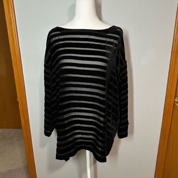 Eileen Fisher velvet Burnout Ballet Neck Top Sz S Silk Blend Striped Oversized - Picture 3 of 11